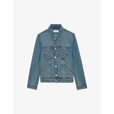 ZADIG & VOLTAIRE WOMENS KIOKA BRAIDED-POCKETS FADED-DENIM JACKET LIGHT BLUE XS