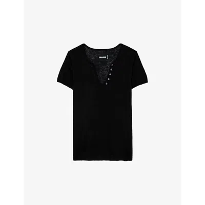 Zadig & Voltaire Womens Noir Celsy Five-buttoned Cashmere T-shirt