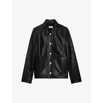 ZADIG & VOLTAIRE WOMENS NOIR LITCHI CROPPED LEATHER JACKET