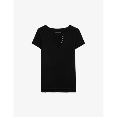 Zadig & Voltaire Womens Noir Regular-fit Button-neck Cotton T-shirt