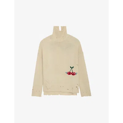 ZADIG & VOLTAIRE ZADIG&VOLTAIRE WOMENS VANILLE BLEEZA CHERRY-EMBROIDERED RELAXED-FIT WOOL JUMPER