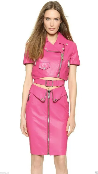 Pre-owned Zafy Leather Women's Leather Jacket & Skirt Dress Genuine Lambskin Stylish Hot Dress In Pink