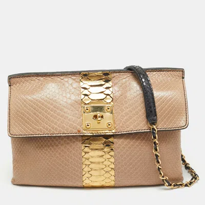 Pre-owned Zagliani Beige/black Python Turnlock Flap Chain Shoulder Bag