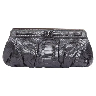 Pre-owned Zagliani Glossy Black Scaled Leather Framed Turnlock Evening Clutch Bag