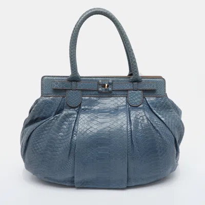 Pre-owned Zagliani Puffy Large Blue Python Satchel