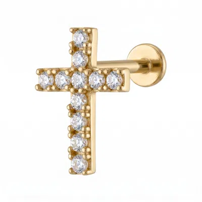 Zahav Jewelry Women's 14k Solid Gold 18g 8mm Cross Shaped Round Cz Internally Threaded Flat Back Stud