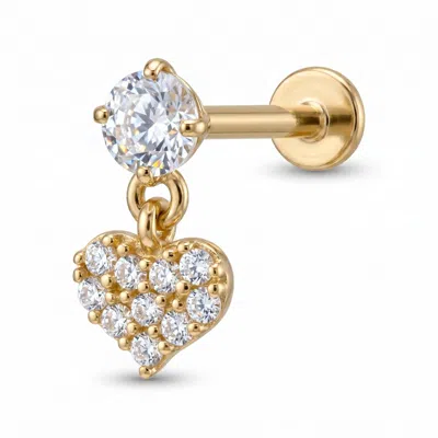 Zahav Jewelry Women's 14k Solid Gold 18g 8mm Dangle Heart With Round Cz Internally Threaded Flat Back Stud