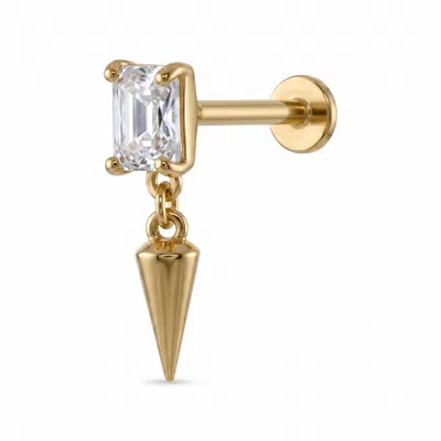 Zahav Jewelry Women's 14k Solid Gold 18g 8mm Emerald Cut Cz Internally Threaded Flat Back Stud With Spike Drop
