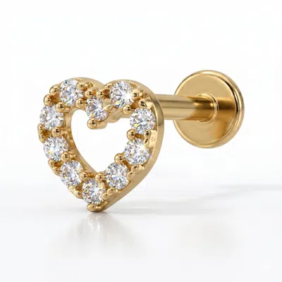 Zahav Jewelry Women's 14k Solid Gold 18g 8mm Heart Round Cz Pave Internally Threaded Flat Back Stud