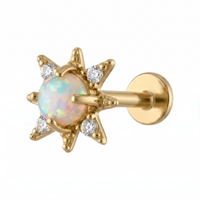 Zahav Jewelry Women's 14k Solid Gold 18g 8mm Star Opal & Round Cz Internally Threaded Flat Back Stud