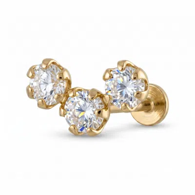 Zahav Jewelry Women's 14k Solid Yellow Gold 18g 8mm 3-stone Cz Internally Threaded Flat Back Stud
