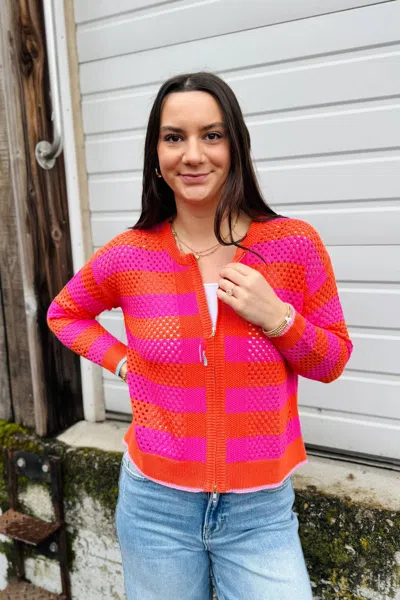 Zaket & Plover Crochet Zip Stripe Sweater In Sunset In Pink
