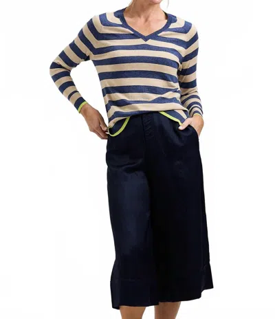 Zaket & Plover Stripes V Neck Sweater Top In Denim In Multi