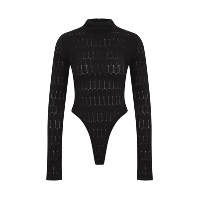 Zan Studio Women's Black Fitted Knit Bodysuit With Long Sleeves