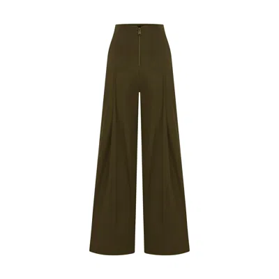 Zan Studio Women's Green High Waisted Single Pleated Gabardine Pants