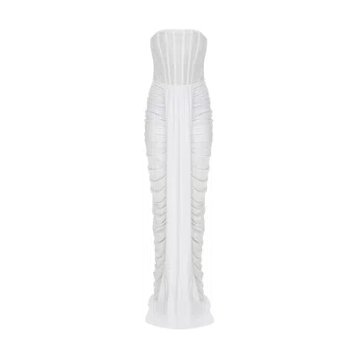 Zan Studio Women's White Dress With Mesh Top And Draped Skirt