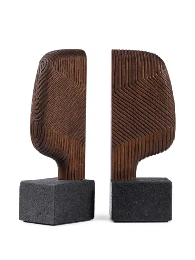 Zanat Moai Chiselled-walnut Bookends In Brown
