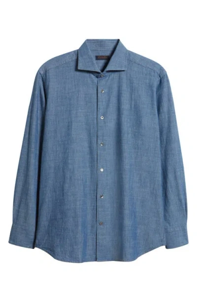 Zanella Bassano Chambray Button-up Shirt In Blue