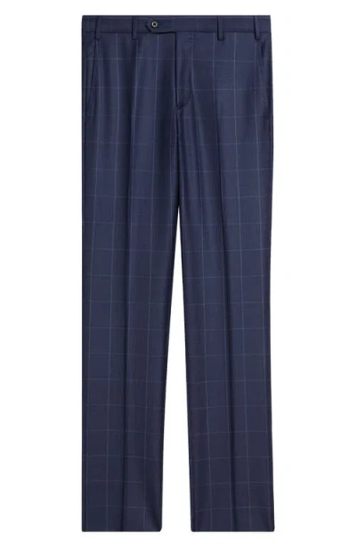 Zanella Devon Flat Front Windowpane Wool Dress Pants In Blue