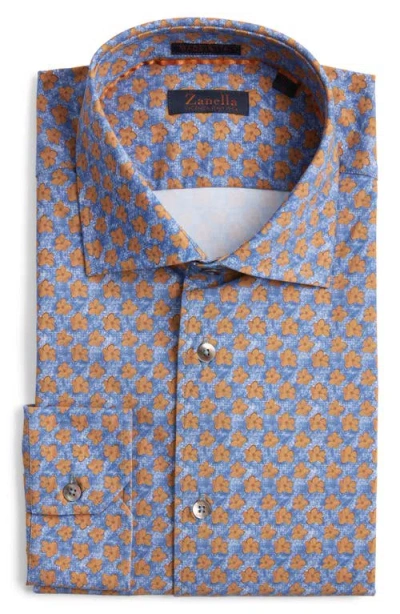 Zanella Flowers Floral Print Knit Nylon Blend Dress Shirt In Midnight Blue