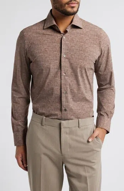 Zanella Jagged Heathered Herringbone Print Knit Nylon Blend Dress Shirt In Brown