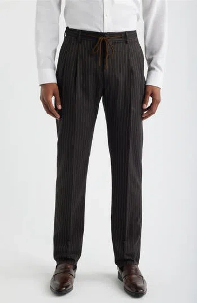 Zanella Nova Black Pinstripe Pleated Wool & Cotton Drawstring Dress Pants In Brown