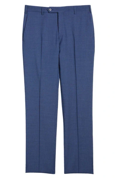 Zanella Parker Flat Front Box Check Stretch Wool Trousers In Blue