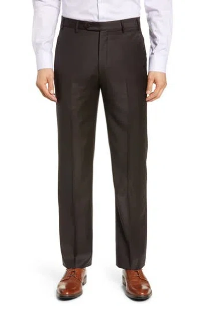 Zanella Todd Relaxed Fit Flat Front Solid Wool Dress Pants In Brown