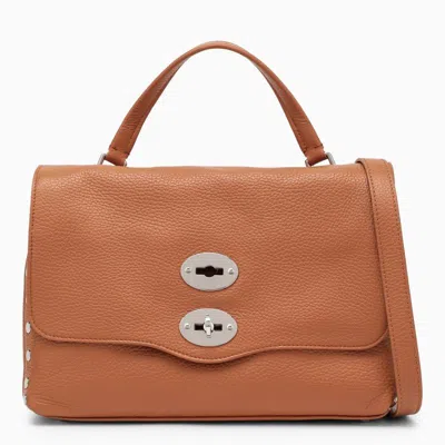 Zanellato Brown Leather Handbag With Striped Fabric Strap And Double Swivel Closure In Orange