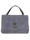 Zanellato Flap Bag With Textured Denim And Leather Accents In Blue