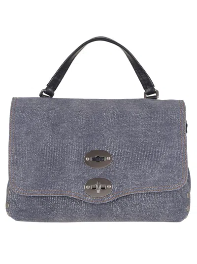 Zanellato Flap Bag With Textured Denim And Leather Accents In Blue