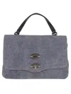 Zanellato Flap Bag With Textured Denim And Leather Accents In Blue