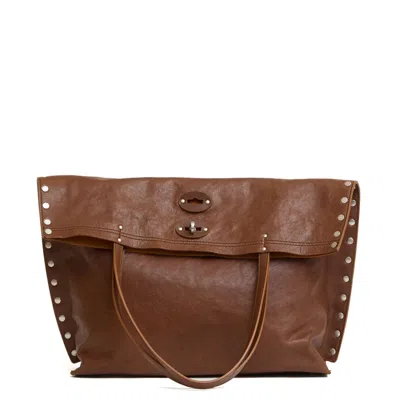 Zanellato Fold-over Brown Leather Handbag With Silver Stud Detailing