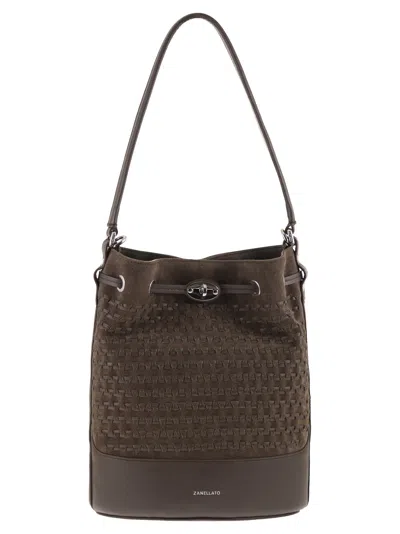 Zanellato Small Monda Woven Suede Bucket Bag In Brown