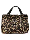 Zanellato Spacious Black Calf Leather Shoulder Bag With Leopard Print Design In Brown