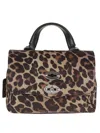 Zanellato Spacious Black Calf Leather Shoulder Bag With Leopard Print Design In Brown