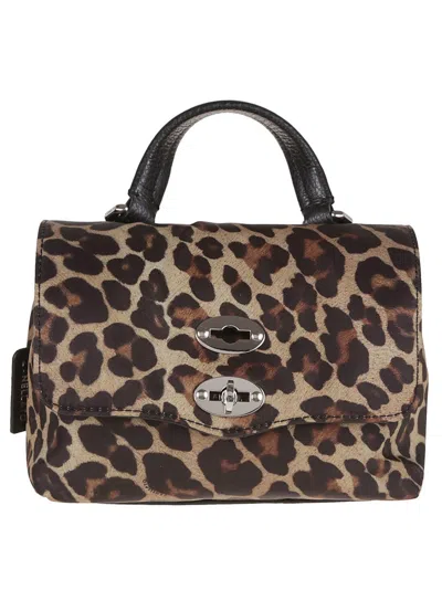 Zanellato Spacious Black Calf Leather Shoulder Bag With Leopard Print Design In Brown