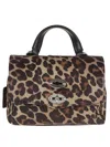 Zanellato Spacious Black Calf Leather Shoulder Bag With Leopard Print Design In Brown