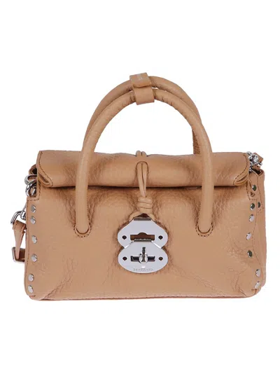 Zanellato Rectangular Hammered Leather Handbag With Twist Lock Closure In Brown