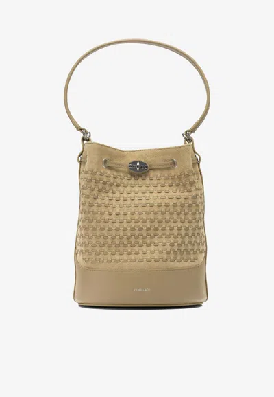 Zanellato Small Monda Woven Suede Bucket Bag In Brown