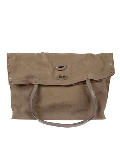 Zanellato Spacious Textured Leather Shoulder Bag With Decorative Studs In Neutral