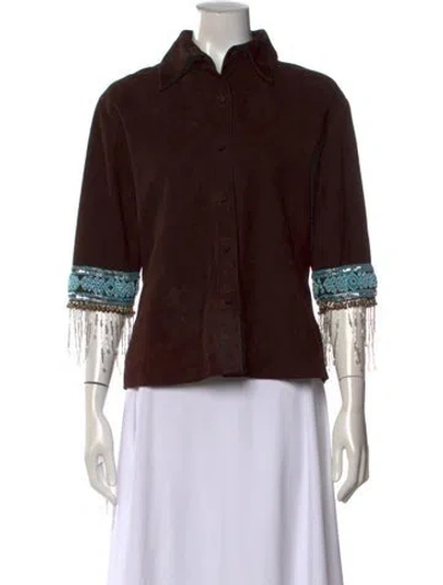 Pre-owned Zang Toi Leather Three-quarter Sleeve Button-up Top In Brown