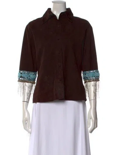 Pre-owned Zang Toi Leather Three-quarter Sleeve Button-up Top In Brown