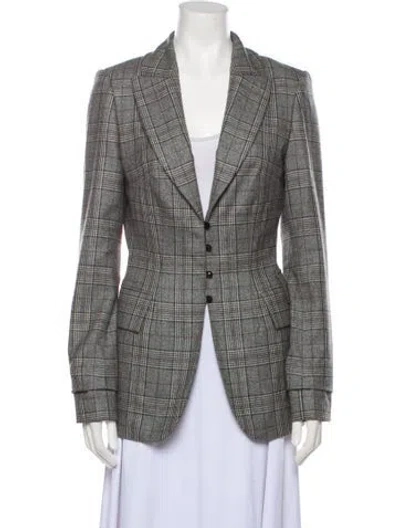 Pre-owned Zang Toi Silk Plaid Print Blazer In Gray