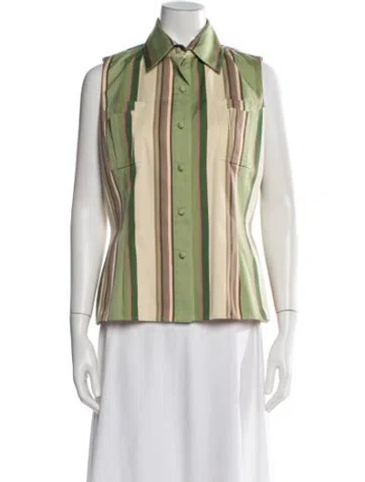 Pre-owned Zang Toi Striped Sleeveless Button-up Top In Green