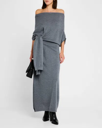 Zankov Anais Off-the-shoulder Tie Long Sweater In Melange Grey