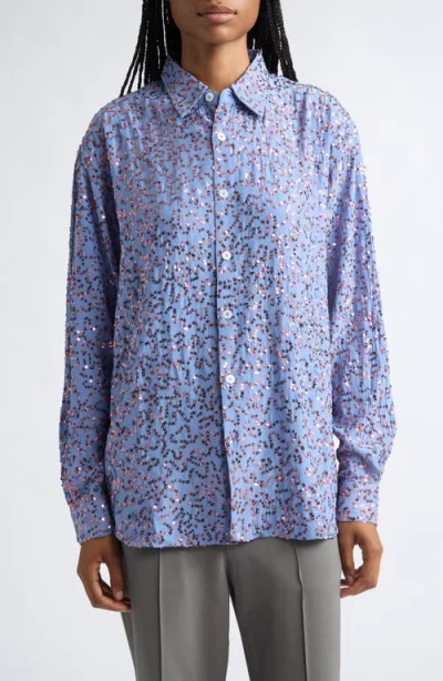 Zankov Antonia Sequin Embellished Silk Button-up Shirt In Blue