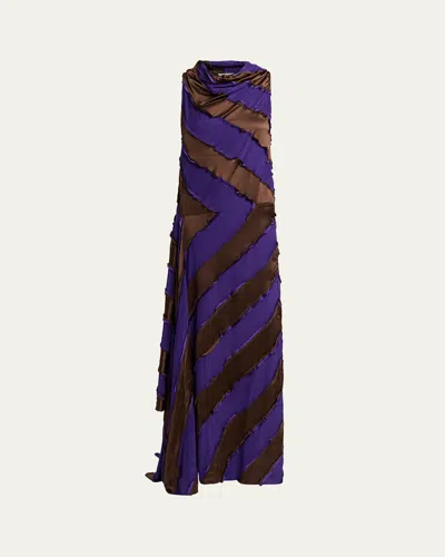 Zankov Cowl-neck Striped Silk Asymmetric Maxi Dress In Brown