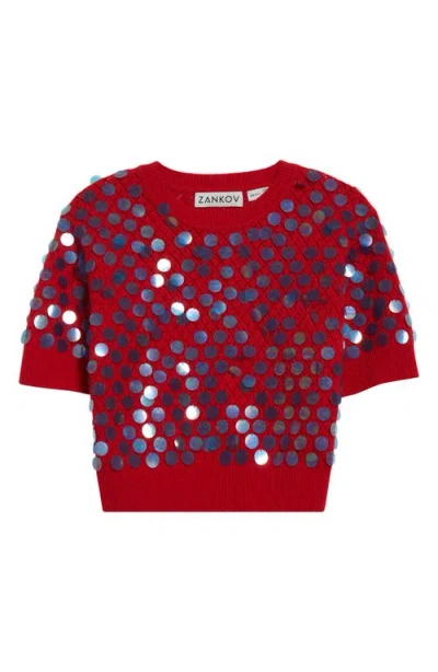 Zankov Edoardo Sequined Pointelle Knit Crop Sweater In Cherry