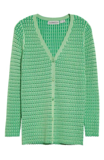 Zankov Elise Pointelle V-neck Cardigan In Fluo Lime Multi